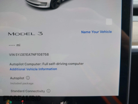 2022 Tesla Model 3 with VIN 5YJ3E1EA7NF108758, listed as a IAAI auction lot 41824437 with Not Provided miles. Bid and sale history available at carsss.com. Image 7.