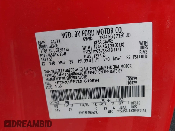 2013 Ford F-150 XL with VIN 1FTFX1EF7DFC10994, listed as a IAAI auction lot 42435310 with 176,204 mi miles and . Bid and sale history available at DreamBid. Image 9.