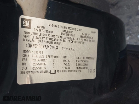 2007 GMC Yukon SLT z VIN 1GKFC13077J401993, wystawiony jako IAAI lot #41704555 z przebiegiem Nie podano mil oraz . Historia ofert i sprzedaży dostępna na DreamBid. Obrazek 9.