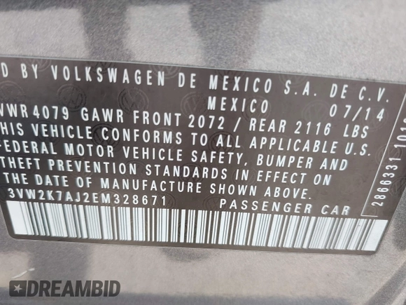 2014 Volkswagen Jetta S with VIN 3VW2K7AJ2EM328671, listed as a IAAI auction lot 42603027 with 156,137 mi miles and . Bid and sale history available at DreamBid. Image 9.