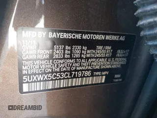 2012 BMW X3 28i with VIN 5UXWX5C53CL719786, listed as a IAAI auction lot 41857244 with 94,911 mi miles and . Bid and sale history available at DreamBid. Image 8.