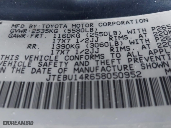 2005 Toyota 4Runner SR5 with VIN JTEBU14R658050952, listed as a IAAI auction lot 41188739 with 255,359 mi miles. Bid and sale history available at carsss.com. Image 9.