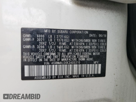 2019 Subaru Ascent Limited with VIN 4S4WMALD0K3405310, listed as a Copart auction lot 56633355 with 84,302 mi miles and Salvage title. Bid and sale history available at DreamBid. Image 13.