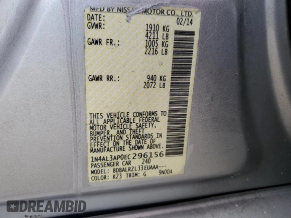 2014 Nissan Altima SV with VIN 1N4AL3AP0EC296156, listed as a Copart auction lot 54668745 with 84,959 mi miles and Salvage Title. Bid and sale history available at DreamBid. Image 12.