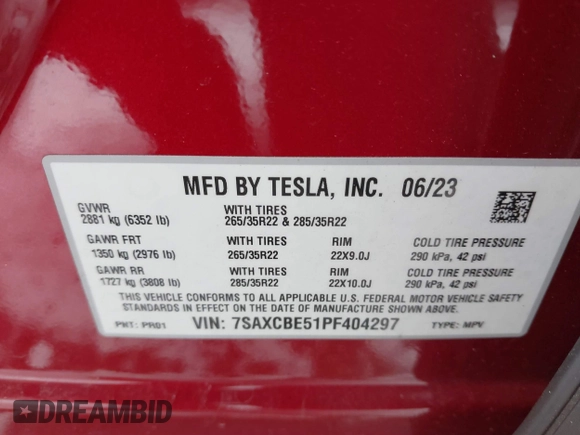 2023 Tesla Model X with VIN 7SAXCBE51PF404297, listed as a IAAI auction lot 41314595 with 25,020 mi miles and . Bid and sale history available at DreamBid. Image 9.