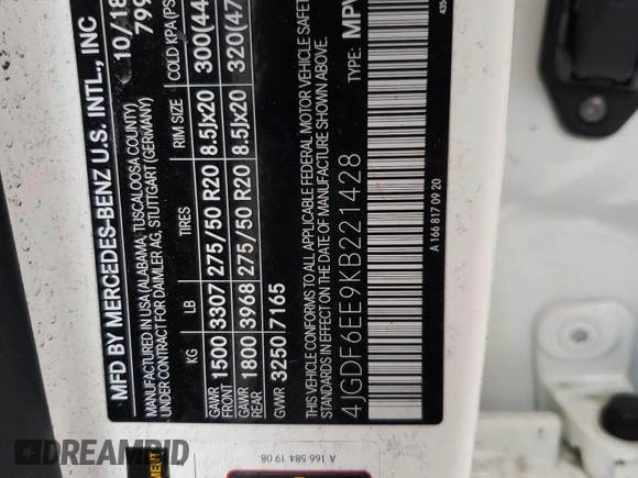 2019 Mercedes-Benz GLS 450 with VIN 4JGDF6EE9KB221428, listed as a Copart auction lot 41254182 with Not Provided miles and . Bid and sale history available at DreamBid. Image 10.