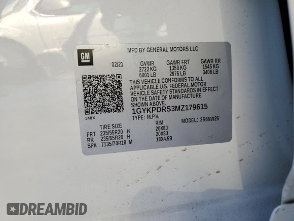 2021 Cadillac XT6 Premium Luxury with VIN 1GYKPDRS3MZ179615, listed as a Copart auction lot 88993095 with 38,208 mi miles and Salvage title. Bid and sale history available at DreamBid. Image 13.