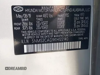 2019 Hyundai Santa Fe SE with VIN 5NMS2CAD9KH122140, listed as a IAAI auction lot 42616171 with 50,794 mi miles and . Bid and sale history available at DreamBid. Image 9.