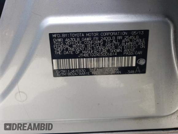 2014 Lexus IS 350 с VIN JTHBE1D2XE5001614, выставлен на аукционе Copart как лот 56923215 с пробегом 86 207 миль миль и Списание • Salvage title. История ставок и продаж доступна на DreamBid. Изображение 12.