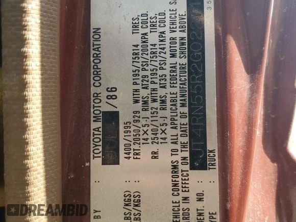 1986 Toyota Pickup с VIN JT4RN55R2G0227195, выставлен на аукционе Copart как лот 60195645 с пробегом 88 825 миль миль и Чистый • Clean title. История ставок и продаж доступна на DreamBid. Изображение 12.