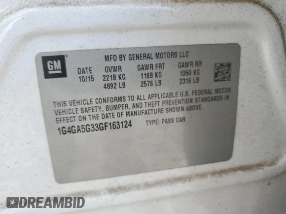 2016 Buick LaCrosse with VIN 1G4GA5G33GF163124, listed as a Copart auction lot 57841645 with 60,682 mi miles and Salvage title. Bid and sale history available at DreamBid. Image 12.