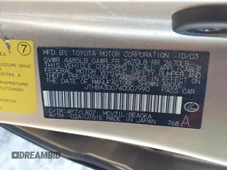 2004 Lexus ES 350 with VIN JTHBA30G740007990, listed as a IAAI auction lot 41388036 with 216,504 mi miles and . Bid and sale history available at DreamBid. Image 9.
