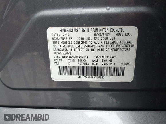 2015 Infiniti Q50 with VIN JN1BV7AP6FM336383, listed as a IAAI auction lot 41578035 with 109,591 mi miles and . Bid and sale history available at DreamBid. Image 9.