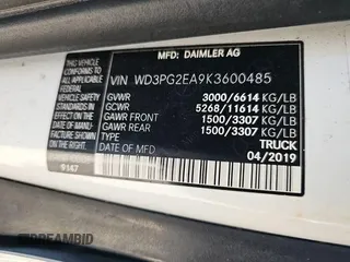 2019 Mercedes-Benz Metris Cargo with VIN WD3PG2EA9K3600485, listed as a IAAI auction lot 42090308 with 31,688 mi miles. Bid and sale history available at carsss.com. Image 1.