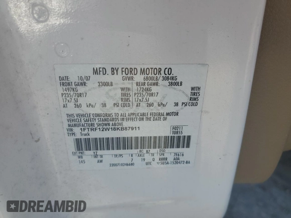 2008 Ford F-150 XL with VIN 1FTRF12W18KB87911, listed as a Copart auction lot 73401384 with 140,858 mi miles and Clean title. Bid and sale history available at DreamBid. Image 12.