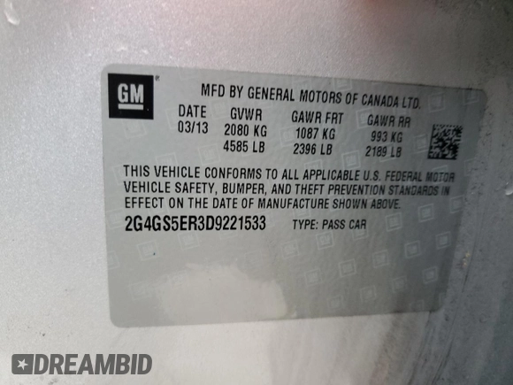 2013 Buick Regal Premium 1 with VIN 2G4GS5ER3D9221533, listed as a Copart auction lot 42014775 with 200,099 mi miles and Salvage title. Bid and sale history available at DreamBid. Image 12.