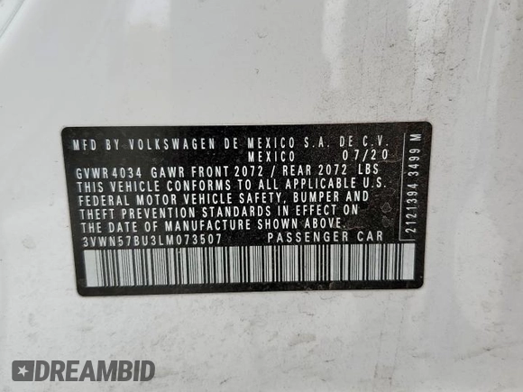 2020 Volkswagen Jetta S with VIN 3VWN57BU3LM073507, listed as a Copart auction lot 51711135 with 59,157 mi miles and Salvage title. Bid and sale history available at DreamBid. Image 12.