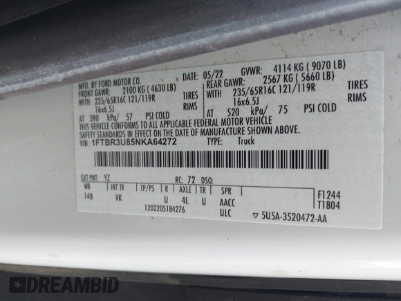 2022 Ford Transit Cargo with VIN 1FTBR3U85NKA64272, listed as a IAAI auction lot 42427708 with 62,043 mi miles and . Bid and sale history available at DreamBid. Image 9.