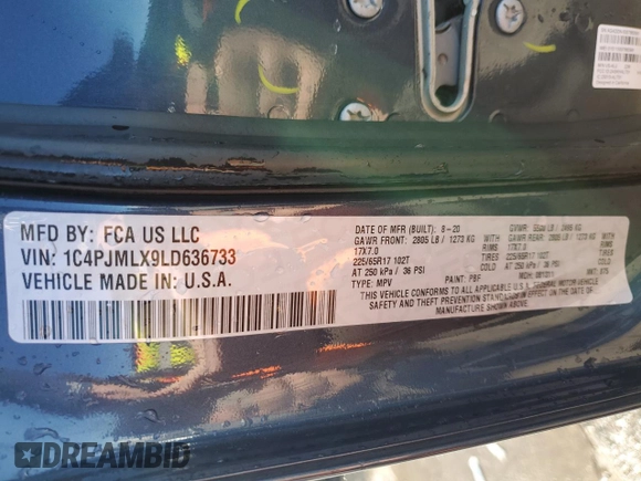 2020 Jeep Cherokee Latitude Plus z VIN 1C4PJMLX9LD636733, wystawiony jako Copart lot #86963844 z przebiegiem 54 194 mil mil oraz Szkoda całkowita • Salvage title. Historia ofert i sprzedaży dostępna na DreamBid. Obrazek 13.