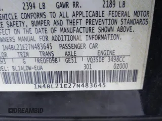 2007 Nissan Altima SL with VIN 1N4BL21E27N483645, listed as a IAAI auction lot 41329117 with 138,104 mi miles and . Bid and sale history available at DreamBid. Image 9.