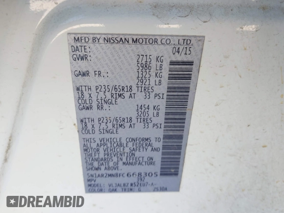 2015 Nissan Pathfinder SV with VIN 5N1AR2MN8FC668305, listed as a IAAI auction lot 41779780 with 216,818 mi miles. Bid and sale history available at carsss.com. Image 9.