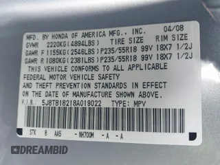 2008 Acura RDX with VIN 5J8TB18218A019022, listed as a IAAI auction lot 41893517 with 259,350 mi miles. Bid and sale history available at carsss.com. Image 9.
