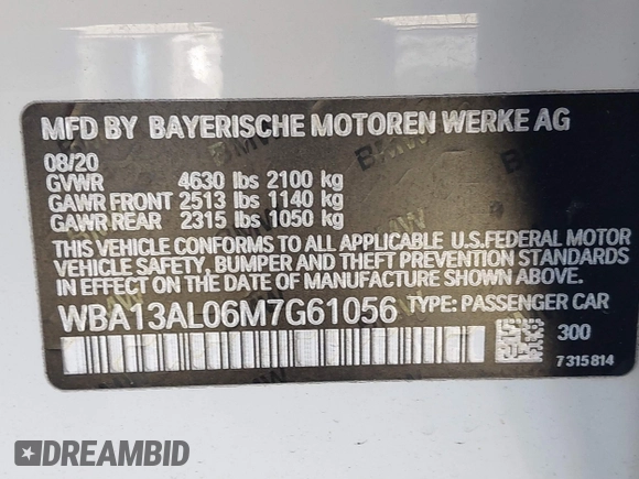 2021 BMW 2 Series M235i xDrive with VIN WBA13AL06M7G61056, listed as a IAAI auction lot 41140205 with 49,413 mi miles and . Bid and sale history available at DreamBid. Image 9.