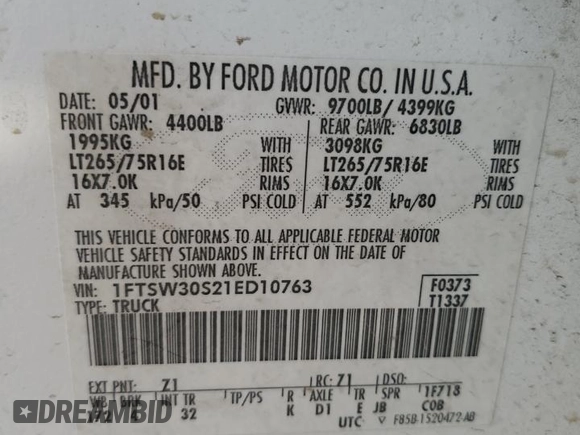 2001 Ford F-350 XL with VIN 1FTSW30S21ED10763, listed as a Copart auction lot 42611925 with 208,484 mi miles and Salvage Title. Bid and sale history available at DreamBid. Image 15.
