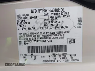 2005 Ford Explorer Limited with VIN 1FMDU75K75ZA67055, listed as a IAAI auction lot 41526428 with 128,335 mi miles and . Bid and sale history available at DreamBid. Image 9.