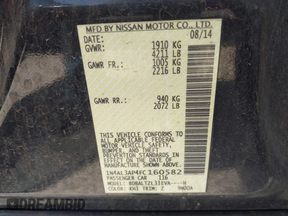 2015 Nissan Altima S with VIN 1N4AL3AP4FC160582, listed as a IAAI auction lot 42012598 with 107,821 mi miles and . Bid and sale history available at DreamBid. Image 9.
