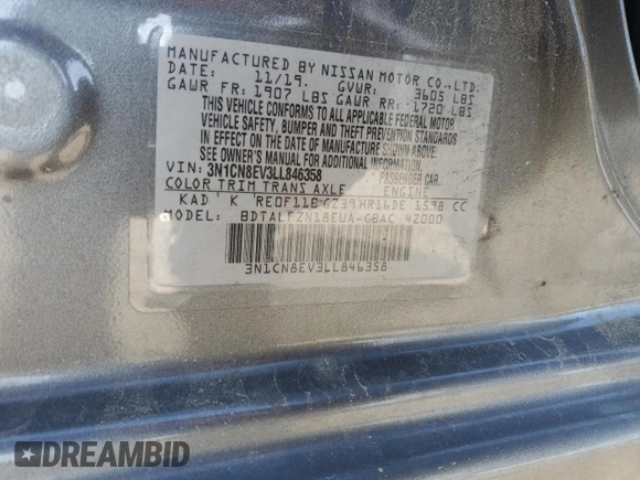 2020 Nissan Versa SV z VIN 3N1CN8EV3LL846358, wystawiony jako Copart lot #53649105 z przebiegiem 62 050 mil mil oraz Szkoda całkowita • Salvage title. Historia ofert i sprzedaży dostępna na DreamBid. Obrazek 12.