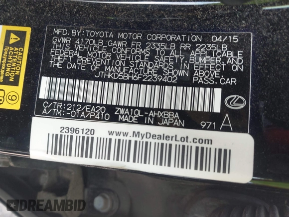 2015 Lexus CT 200h z VIN JTHKD5BH6F2239402, wystawiony jako IAAI lot #41956236 z przebiegiem 111 099 mil mil oraz . Historia ofert i sprzedaży dostępna na DreamBid. Obrazek 9.