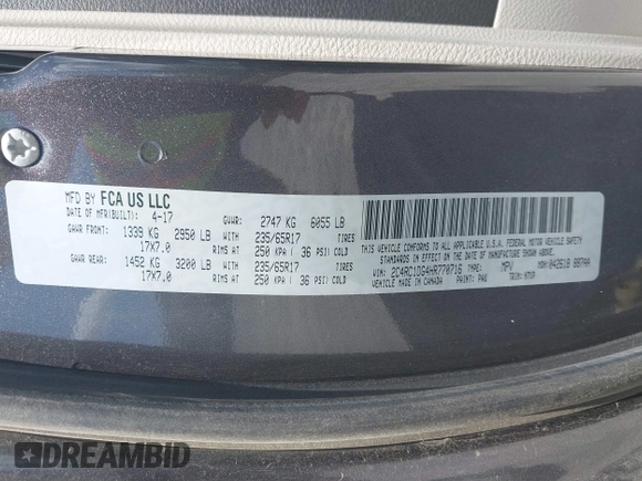 2017 Chrysler Pacifica Touring with VIN 2C4RC1DG4HR770716, listed as a IAAI auction lot 42647418 with 75,958 mi miles and . Bid and sale history available at DreamBid. Image 9.