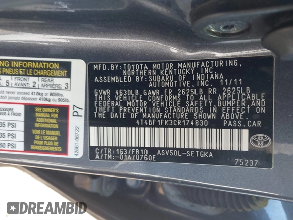 2012 Toyota Camry L with VIN 4T4BF1FK3CR174830, listed as a IAAI auction lot 41072469 with 159,420 mi miles. Bid and sale history available at carsss.com. Image 9.