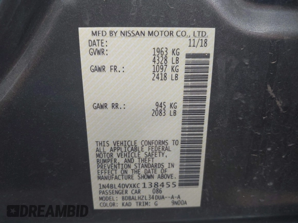 2019 Nissan Altima SV with VIN 1N4BL4DVXKC138455, listed as a IAAI auction lot 42402773 with 33,795 mi miles and . Bid and sale history available at DreamBid. Image 9.