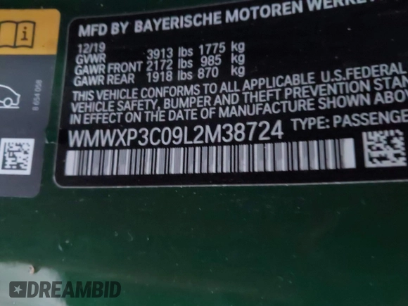 2020 MINI Hardtop Cooper SE with VIN WMWXP3C09L2M38724, listed as a IAAI auction lot 41164970 with Not Provided miles and . Bid and sale history available at DreamBid. Image 9.