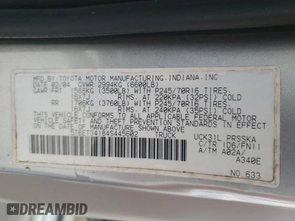 2004 Toyota Tundra SR5 with VIN 5TBET34184S445602, listed as a Copart auction lot 45461545 with 373,136 mi miles and Salvage Title. Bid and sale history available at DreamBid. Image 14.