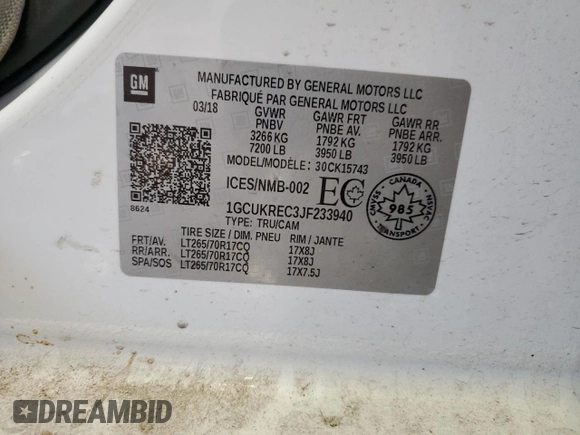 2018 Chevrolet Silverado 1500 LT with VIN 1GCUKREC3JF233940, listed as a Copart auction lot 46626715 with Not Provided miles and Non Repairable. Bid and sale history available at DreamBid. Image 12.