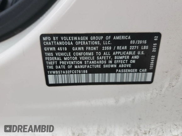 2015 Volkswagen Passat SE with VIN 1VWBS7A32FC078188, listed as a Copart auction lot 57938795 with 150,877 mi miles and Salvage title. Bid and sale history available at DreamBid. Image 13.