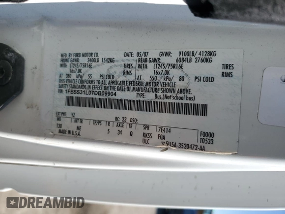 2007 Ford Econoline Passenger XL with VIN 1FBSS31L07DB09904, listed as a Copart auction lot 46078685 with Not provided miles and Salvage title. Bid and sale history available at DreamBid. Image 12.