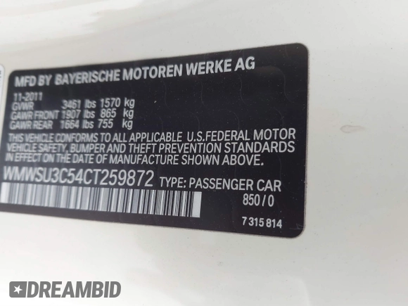 2012 MINI Hardtop with VIN WMWSU3C54CT259872, listed as a IAAI auction lot 41698147 with 98,181 mi miles and . Bid and sale history available at DreamBid. Image 9.