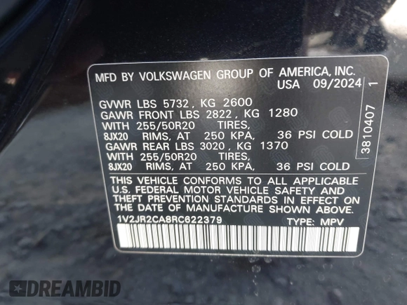 2024 Volkswagen Atlas SE с VIN 1V2JR2CA8RC622379, выставлен на аукционе IAAI как лот 41650590 с пробегом 5 962 миль миль и . История ставок и продаж доступна на DreamBid. Изображение 9.