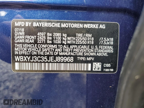 2018 BMW X2 sDrive28i with VIN WBXYJ3C35JEJ89968, listed as a Copart auction lot 87488354 with 68,945 mi miles and Salvage title. Bid and sale history available at DreamBid. Image 13.