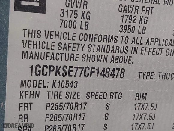 2012 Chevrolet Silverado 1500 LT with VIN 1GCPKSE77CF148478, listed as a IAAI auction lot 41907747 with 258,801 mi miles. Bid and sale history available at carsss.com. Image 9.