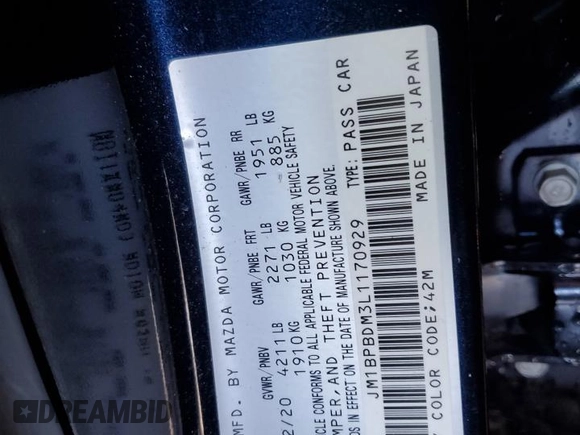 2020 Mazda 3 Preferred with VIN JM1BPBDM3L1170929, listed as a Copart auction lot 56252055 with 55,997 mi miles and Salvage title. Bid and sale history available at DreamBid. Image 12.