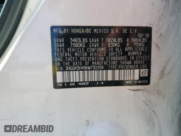2019 Honda Fit LX with VIN 3HGGK5H49KM730259, listed as a Copart auction lot 56337625 with Not provided miles and Salvage title. Bid and sale history available at DreamBid. Image 13.