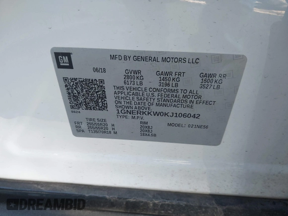 2019 Chevrolet Traverse Premier with VIN 1GNERKKW0KJ106042, listed as a IAAI auction lot 41420921 with 108,947 mi miles. Bid and sale history available at carsss.com. Image 9.