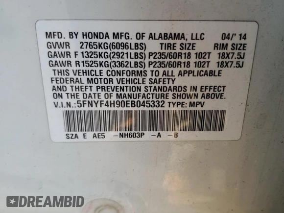 2014 Honda Pilot Touring with VIN 5FNYF4H90EB045332, listed as a Copart auction lot 42993945 with 120,248 mi miles and Salvage Title. Bid and sale history available at DreamBid. Image 13.