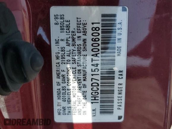 1996 Honda Accord EX with VIN 1HGCD7154TA006081, listed as a Copart auction lot 67150094 with Not Provided miles and Salvage Title. Bid and sale history available at DreamBid. Image 13.
