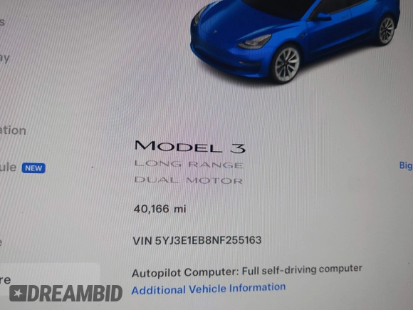 2022 Tesla Model 3 Long Range with VIN 5YJ3E1EB8NF255163, listed as a IAAI auction lot 42105451 with 40,166 mi miles and . Bid and sale history available at DreamBid. Image 7.